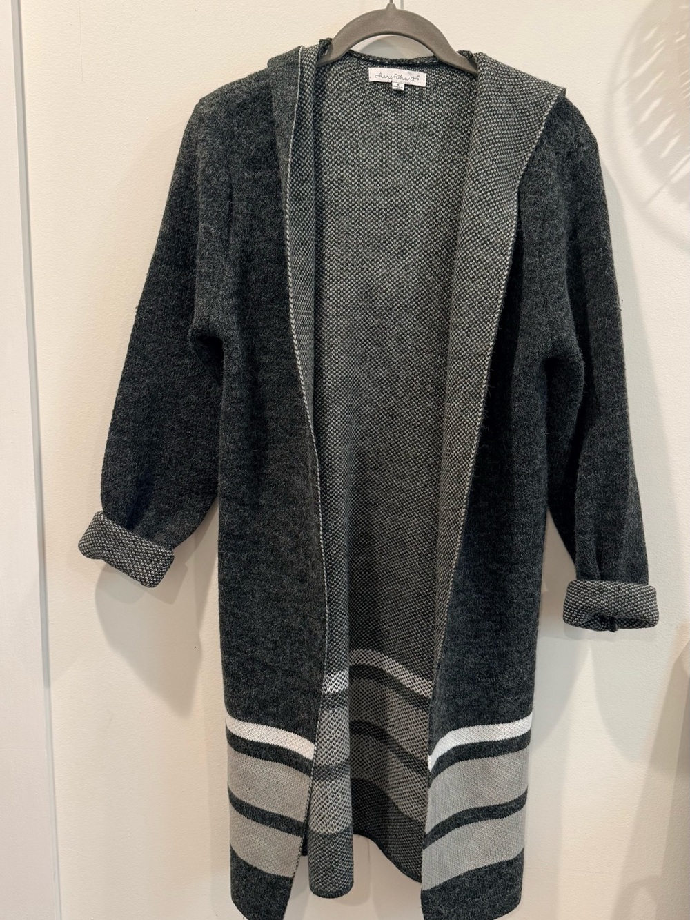 Open-Front Hooded Long Cardigan in Charcoal and Light Gray